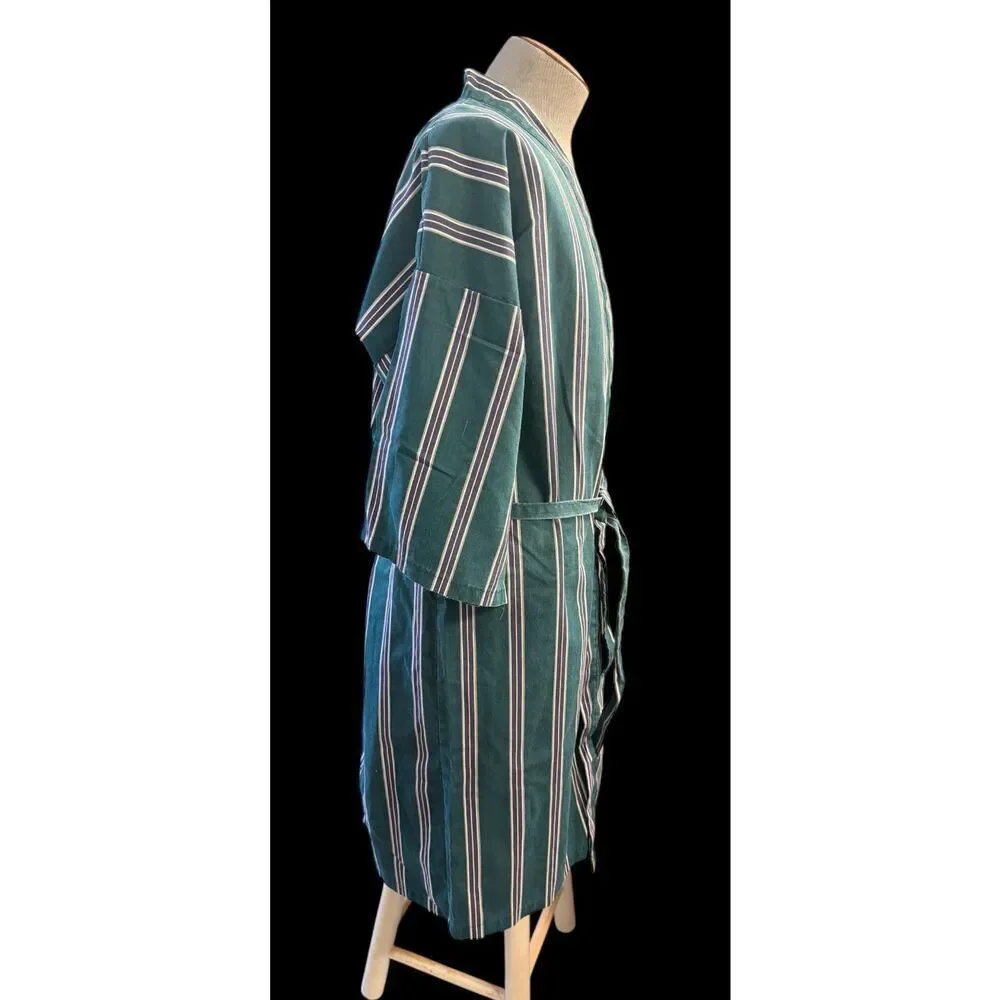 Puritan Men’s Robe Green Plum Stripe Belted Cotton Blend Kimono Loungewear